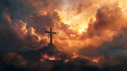 A holy cross symbolizing the death and resurrection of Jesus Christ, shrouded in light and clouds over Golgotha hill.