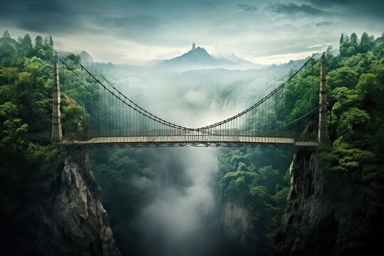 Mystical bridge over a gorge with mountain castle in the distance, Generated AI.