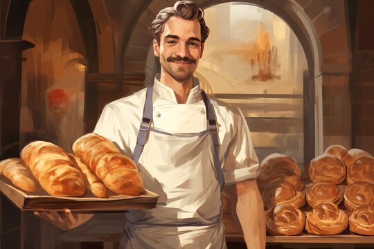 A vintage-style portrait of a baker holding a tray of freshly baked croissants, with a quaint French bakery in the background