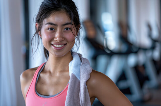 A beautiful smiling young Asian woman in a pink tank top with a towel around her neck is standing at the gym holding her hand on her hip