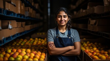 Cheerful female supermarket employee looking at the camera in the fruit section with fresh produce