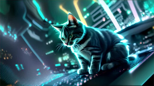 Cute Kitten Amidst Advanced Cyberpunk Computer Chip Surrounded by Glowing Blue Lights and Holographic Displays	