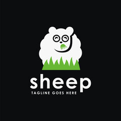 Flat fun sheep eating grass logo icon vector template on black background