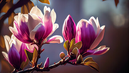 Beautiful blooming magnolia flower on branch, spring fresh air morning after rain. Natural sunlight...