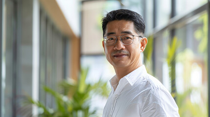 Handsome 45 years old gentle Chinese Han man, wearing glasses, formal slick hairstyle, smooth face in a modern office building, wearing white shirt, beside a huge window
