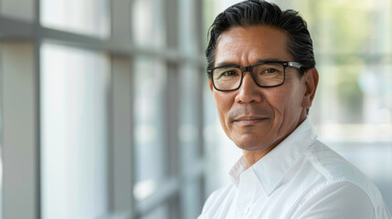 Obraz premium Handsome 45 years old gentle Native American man, wearing glasses, formal slick hairstyle, smooth face in a modern office building, wearing white shirt, beside a huge window