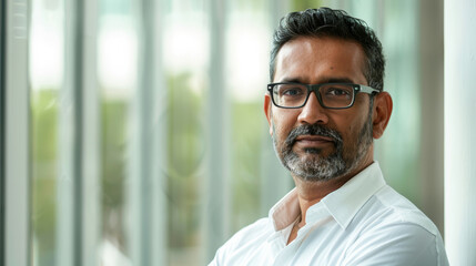 Handsome 45 years old gentle Indian man, wearing glasses, formal slick hairstyle, smooth face in a modern office building, wearing white shirt, beside a huge window