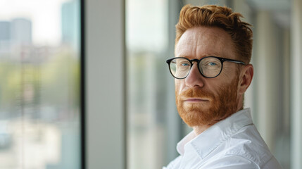 Handsome 45 years old gentle caucasian ginger red hair man, wearing glasses, formal slick hairstyle, smooth face in a modern office building, wearing white shirt, beside a huge window