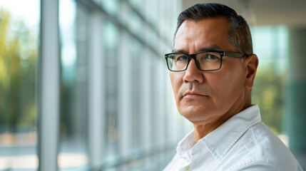 Obraz premium Handsome 45 years old gentle Native American man, wearing glasses, formal slick hairstyle, smooth face in a modern office building, wearing white shirt, beside a huge window