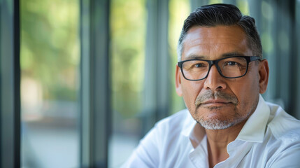 Handsome 45 years old gentle Native American man, wearing glasses, formal slick hairstyle, smooth face in a modern office building, wearing white shirt, beside a huge window