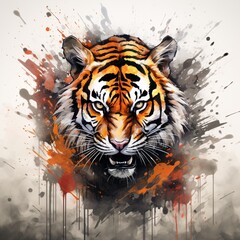 An urban graffiti artwork showcasing a fierce tiger prowling against a white background