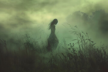 A blur art of a woman figure walking in mist foggy place in grey colors. A lonely blurred female silhouette walks away. . Cinematic blur art photography style. Concept of loneliness - obrazy, fototapety, plakaty