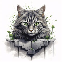 Intriguing graffiti illustration of a regal grey tabby cat perched on a stone wall, with piercing green eyes and intricate markings against a clean white surface