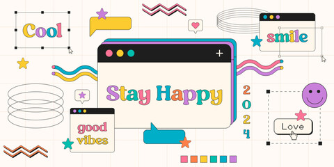 Cool Vaporwave Computer Interface Banner. Y2k Stickers Collage Illustration.