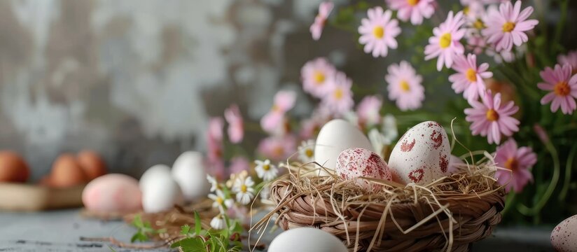 Joyful Easter. Celebratory Easter setting. Decorative eggs and blooming flowers.