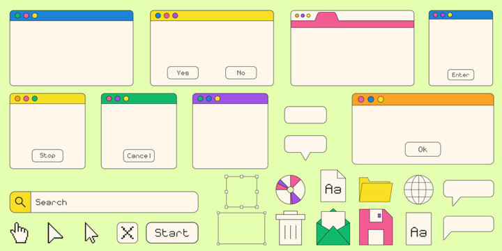 Set Of Vaporwave Desktop Browser and Window Templates. Computer User Interface Elements and Vintage Aesthetic Icons.