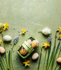 Green Easter background with springflowers and Easter eggs in little basket, top view