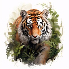 A captivating graffiti illustration of a majestic Bengal tiger prowling through lush foliage against a white surface