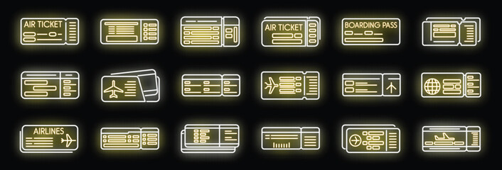 Airline tickets icons set outline vector. Travel trip. Airplane plane neon color on black - obrazy, fototapety, plakaty