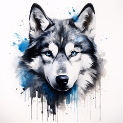 A captivating graffiti artwork of a majestic Siberian husky standing proudly against a white background