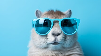 Cute hamster with stylish sunglasses on blue background, space for banner design - obrazy, fototapety, plakaty