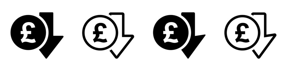 Pound reduction symbol, cost decrease icon. Reduce debt business sign vector illustration set - obrazy, fototapety, plakaty