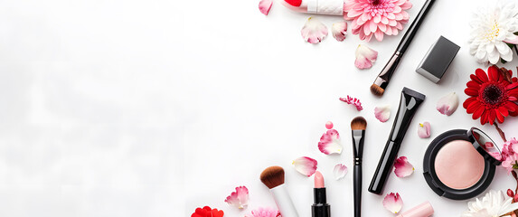 Beauty background with facial cosmetic products. Makeup, skin care concept.
