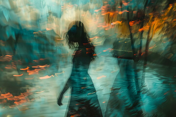  Silhouette of a woman in abstract foggy place with light effects. Double exposure photography. Blur art photography style.