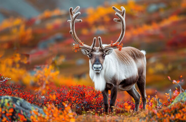 A caribou with its antlers covered in red and white fur, standing on the tundra surrounded by autumn foliage