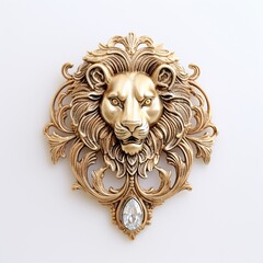 An elegant lion-themed brooch with detailed engravings, against a clean white fabric backdrop