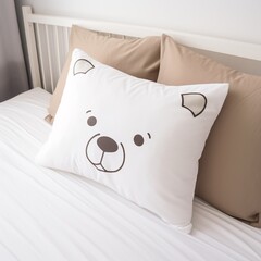 An adorable bear-printed pillowcase on a clean white bedspread