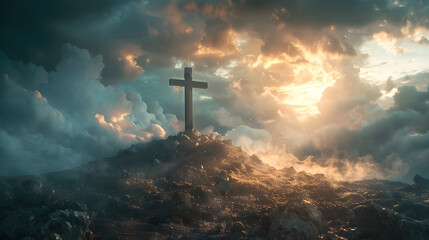 Holy cross symbolizing the death and resurrection of Jesus Christ with the sky over Golgotha hill shrouded in light and clouds, apocalypse concept - obrazy, fototapety, plakaty