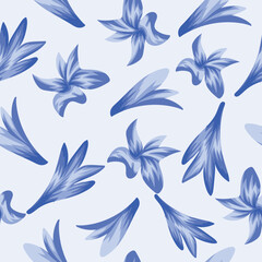 spring floral seamless pattern with blue petals of different shapes from blue cornflower, for posters, packaging or factory textiles