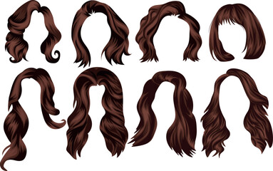 large set with various haircuts for different lengths of brown hair, namely short and long hair, for female characters - obrazy, fototapety, plakaty