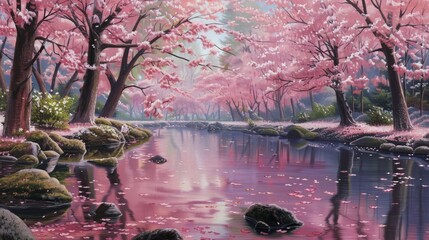 Serene Cherry Blossom River at Dawn