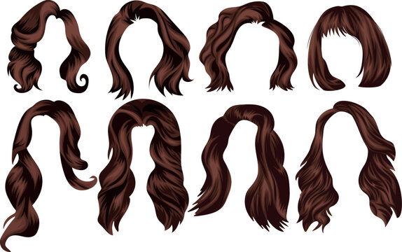 large set with various haircuts for different lengths of brown hair, namely short and long hair, for female characters