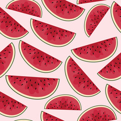 seamless pattern with food, namely with pieces of red watermelon of different sizes on a light background, for health day, for posters, banners or textiles