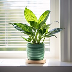 Vibrant green potted plant placed on a white windowsill