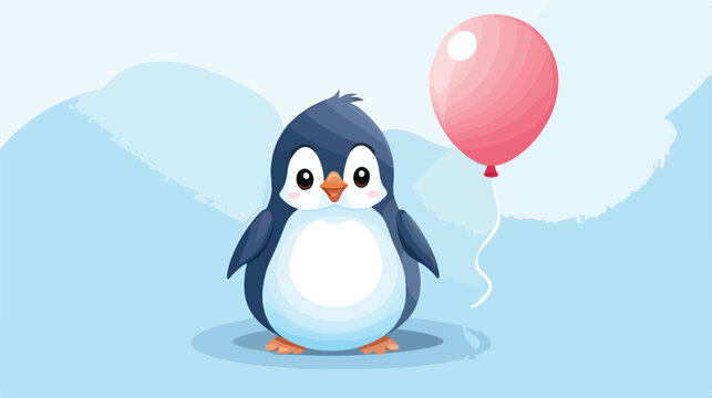 Penguin Baby With Balloon flat vector isolated on white