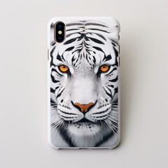 A stunning tiger-patterned phone case displayed on a pristine white surface