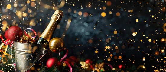 Festive gatherings like New Year's, birthdays, and Christmas parties featuring a champagne bottle in a bucket, colorful tinsel against a black backdrop with golden glitter accents, and space for text.