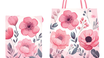 Pink floral watercolor bag flat vector isolated on white