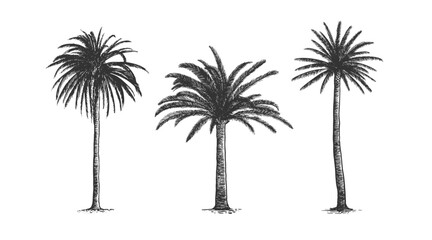 Collection of graceful palm trees in engraving style. Hand-drawn tropical trees. Template for design postcard, logo, label. Vintage illustration on a light isolated background. - obrazy, fototapety, plakaty
