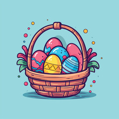 a basket of eggs with a drawing of a duck and a drawing of a bunny.