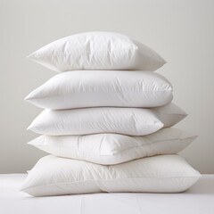 Fototapeta na wymiar A stack of fluffy white pillows neatly arranged on a white bed