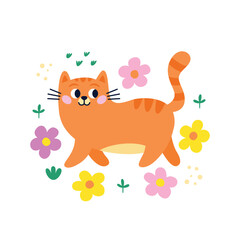 Funny red cat is walking in park among plants and flowers. Happy cat character. Summer vacation time. Vector Hand drawn cartoon flat illustration.