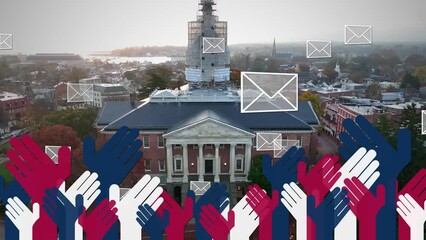 Maryland capitol building with envelopes and red, white and blue hands animation. Aerial rising shot during autumn sunrise in Annapolis. Voting and politics theme. - Powered by Adobe