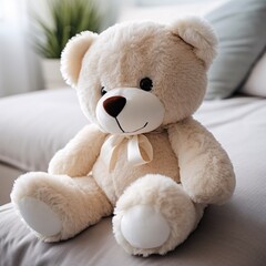 A small plush teddy bear sitting on a sofa