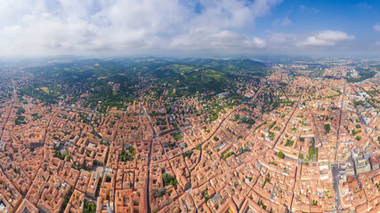 Bologna, Italy. Historical Center. Panorama of the city on a summer day. Sunny weather. Aerial view