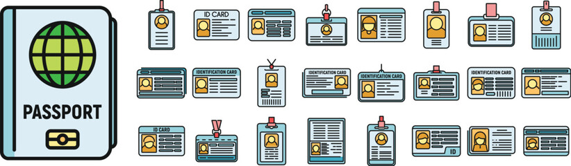 Id card icons set outline vector. Tag name. Template pass thin line color flat isolated